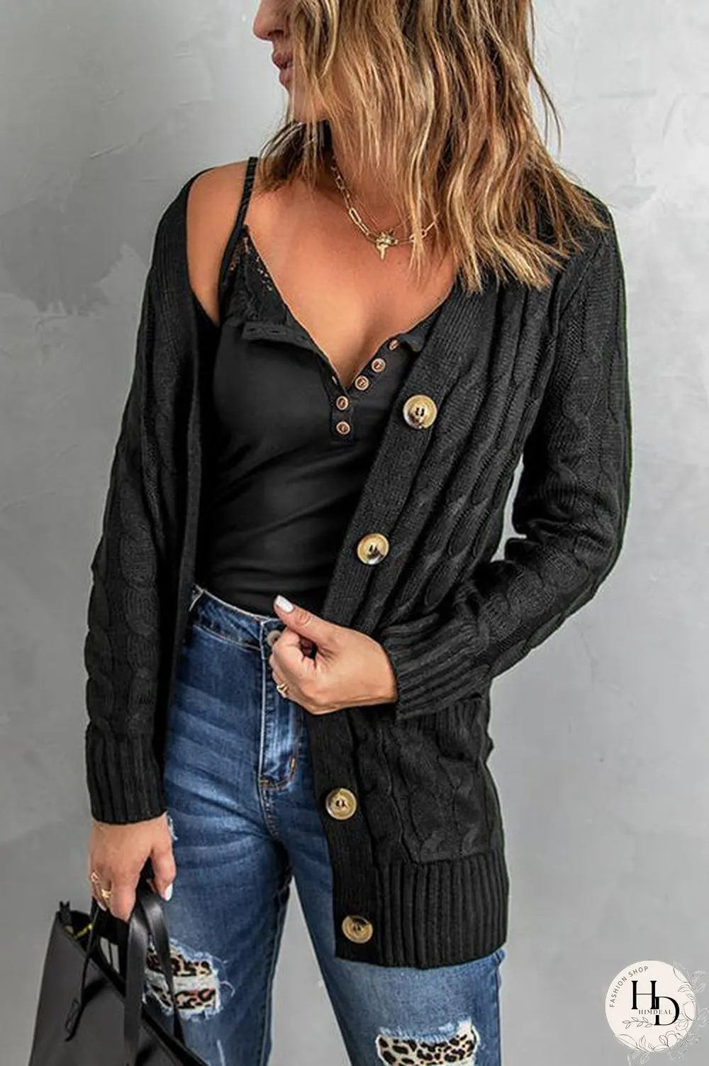 Button Cable Knit Cardigan