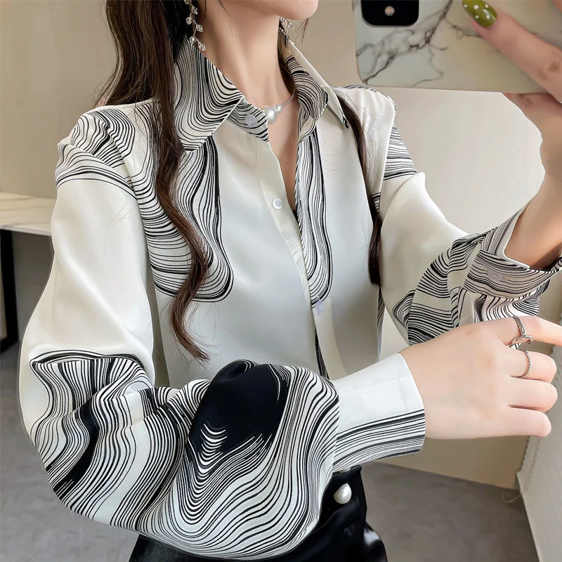 Jangj Spring Summer New Fashion Print Women's Shirts Long Sleeve Turn-down Collar Casual Chiffon Blouse Korean Style OL Clothing