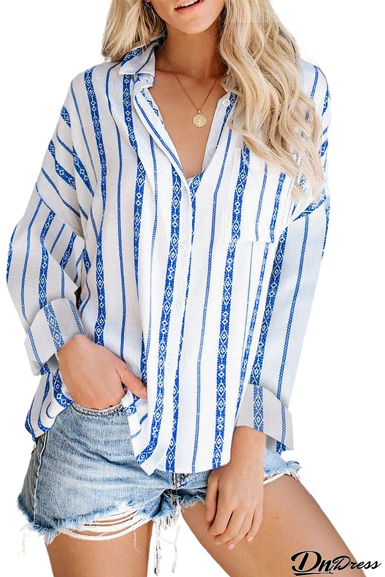 Stripe Print Button Down Shirt with Pocket