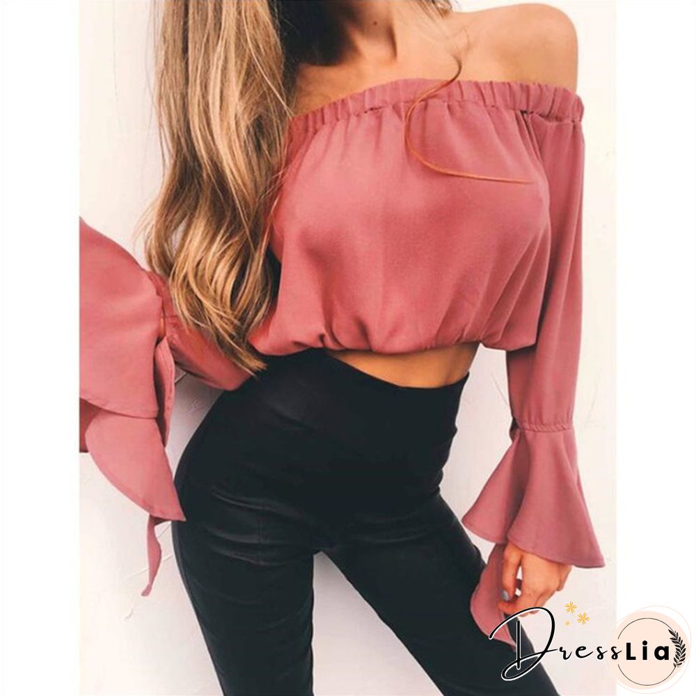 Women Fashion Summer Tops Casual Off the Shoulder Bell-sleeve Crop Tops Blouse