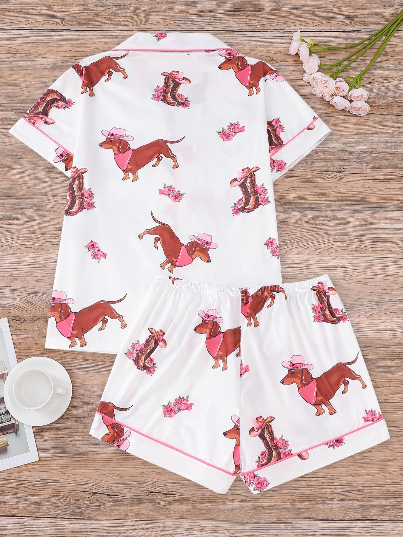 Women's All Over Dachshund Print Shirt & Elastic Waist Shorts Pyjama Two-piece Set, Matching Pj Set, Casual Comfy Short Sleeve Collared Top & Shorts PJ Set, Ladies Sleepwear for All Seasons, Loungewear, Sleep Pajamas Shorts