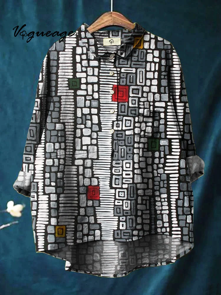 Black And White Spots Lines And Bright Colors Printed Cotton And Linen Shirt
