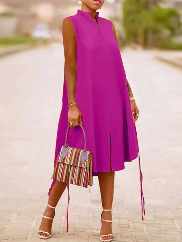 A-Line Sleeveless Solid Color Split-Joint Split-Side Streamer V-Neck Midi Dresses
