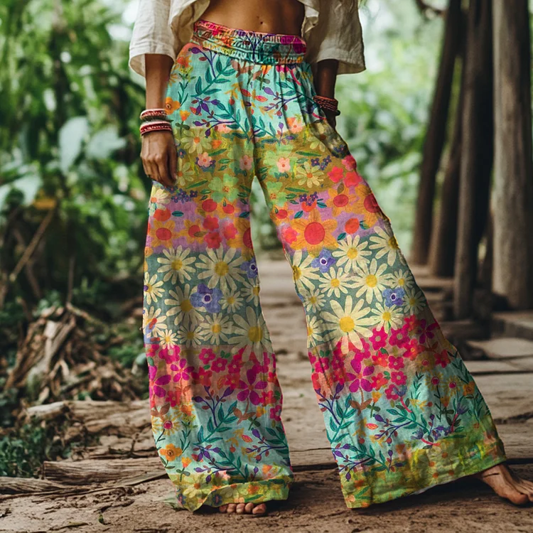 Vintage Bohemian Floral Print Loose Wide-leg Pants
