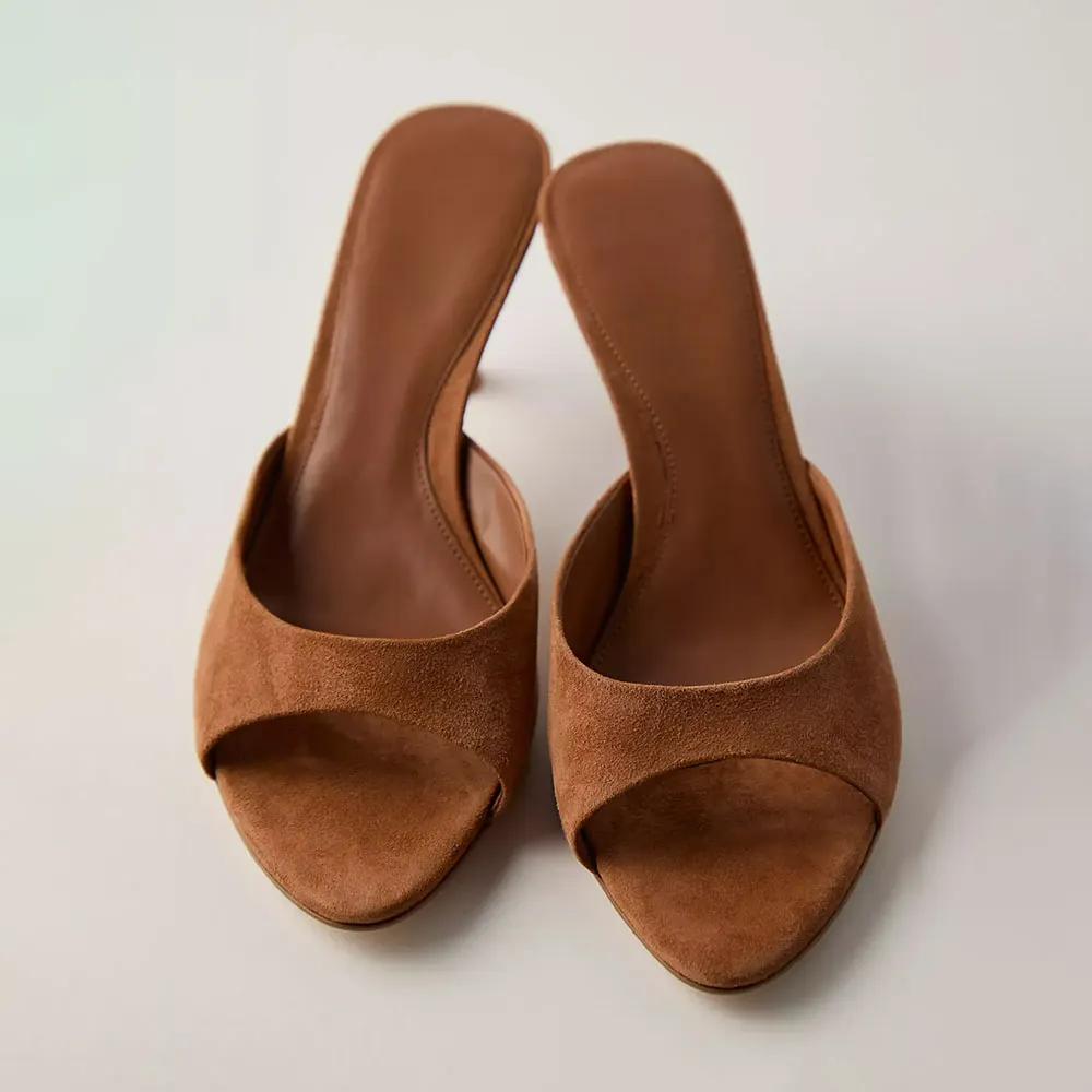 Vegan Suede Open Toe Kitten Heel Brown Casual Mules for Women