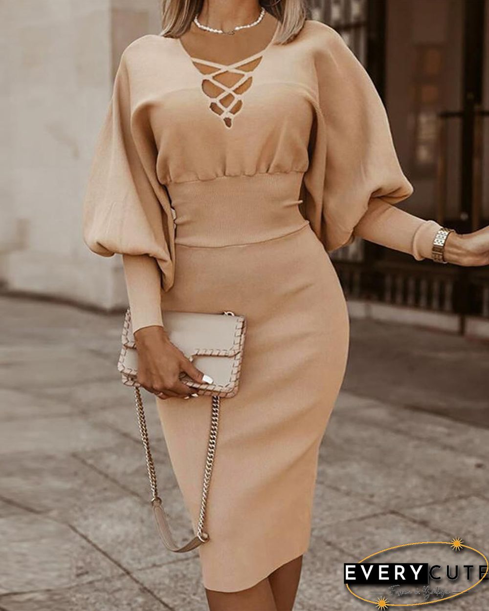 Strappy Lantern Sleeve Knit Dress P15498