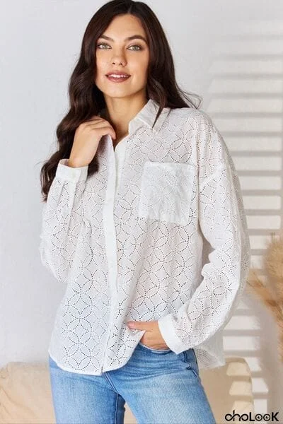 Rousseau Long Sleeve Button Up Eyelet Shirt