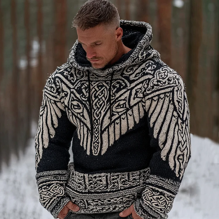 Men's Vintage Viking Celtic With Wings Art Cozy Knit Hooded Sweater