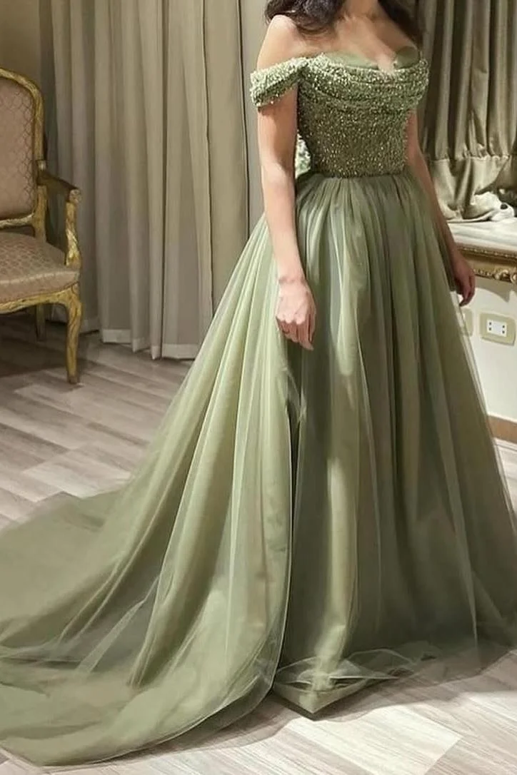 Miabel Elegant Sage Tulle Off the Shoulder Strapless Long Prom Dress with Sequins
