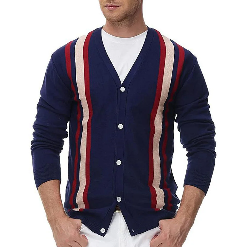 Smiledeer Men's Long Sleeve V-Neck Striped Cardigan