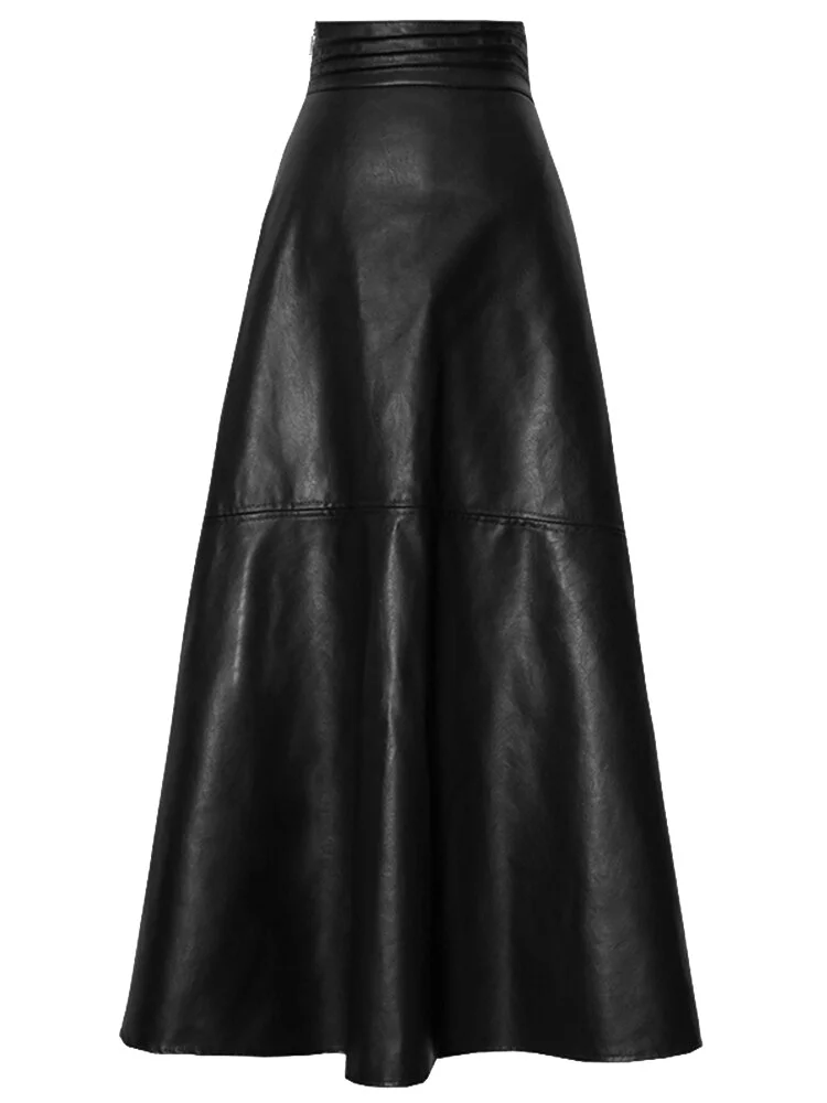 Woherb Autumn Long Black A Line Soft Faux Leather Skirt Women High ...