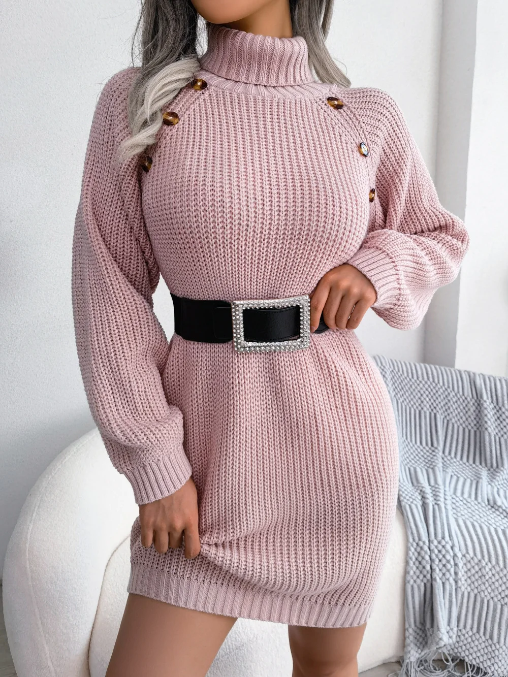 Casual Button Turtleneck Long Sleeve Bottom Sweater Dress