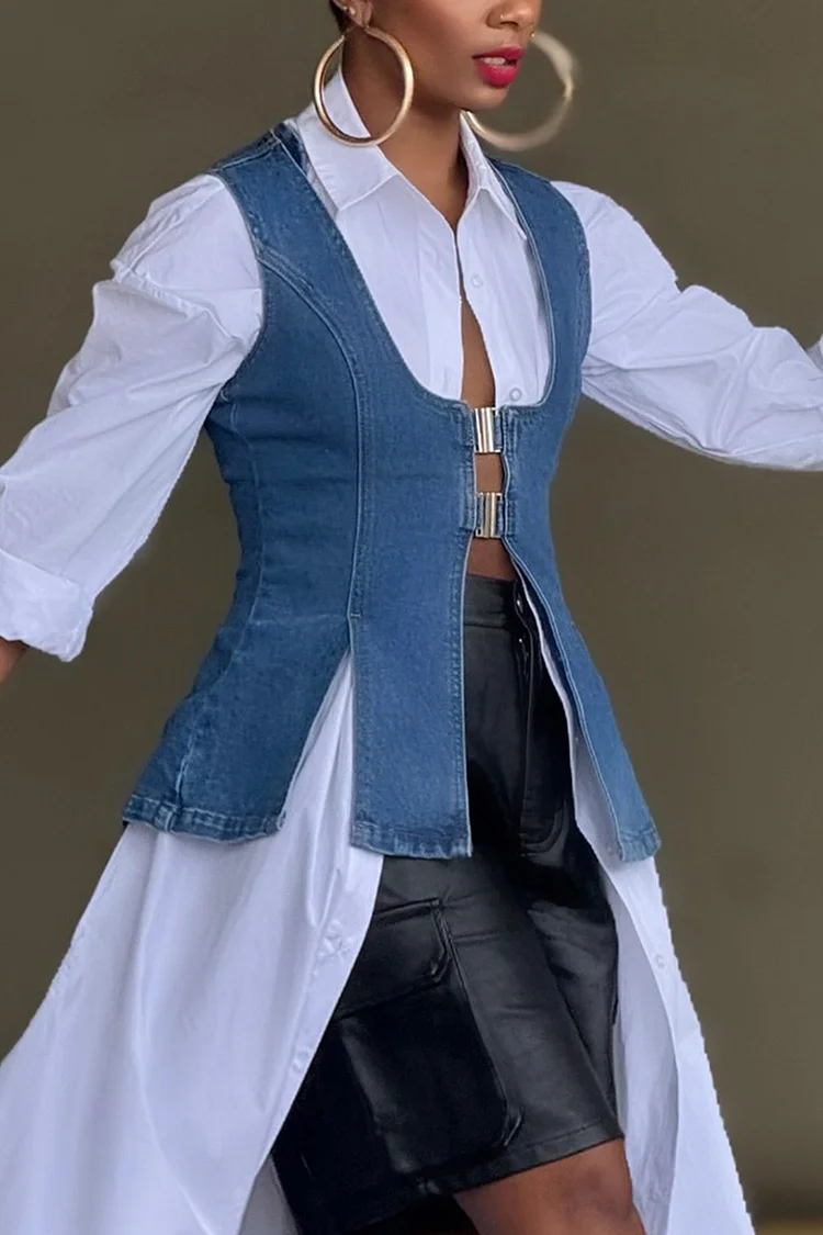 Plus Size Business Casual Blue Casual Split Denim Vest [Pre-Order]