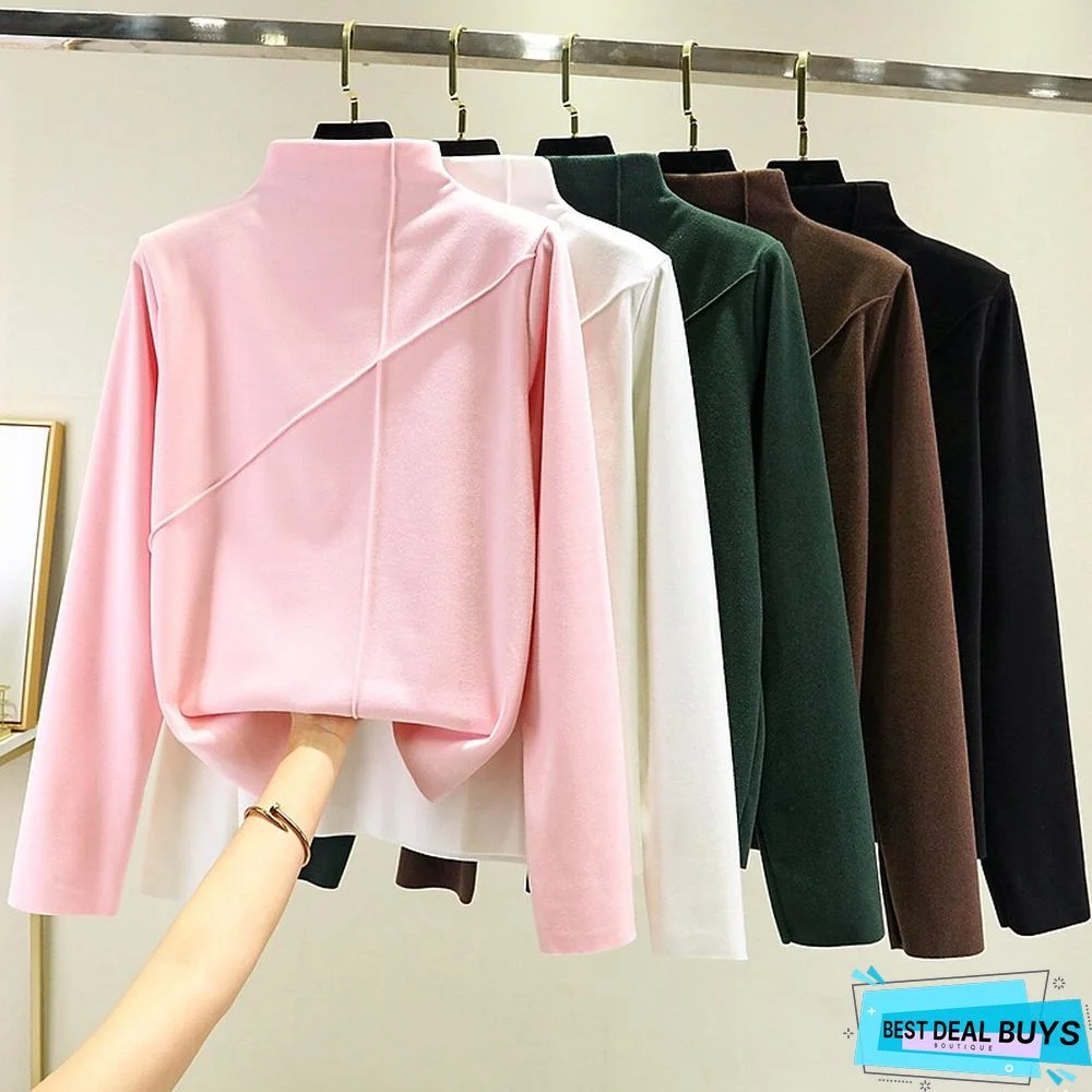 Women's T shirt Tee Light Pink dark brown A Plain Long Sleeve Daily Basic High Neck Regular Fleece lined XXL (recommended 140-160 catties)