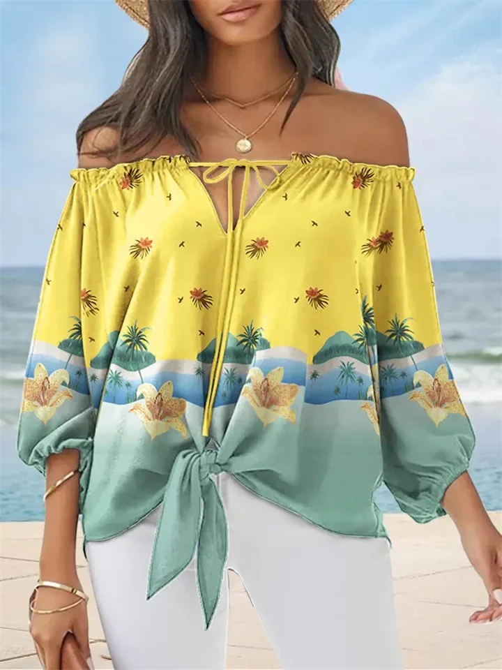 Summer Sexy Fashion Explosion Plant Floral Print A Shoulder Straps Shirt Regular Sleeve Long Sleeve Set Head Casual Wind Blouse Female-Mixcun