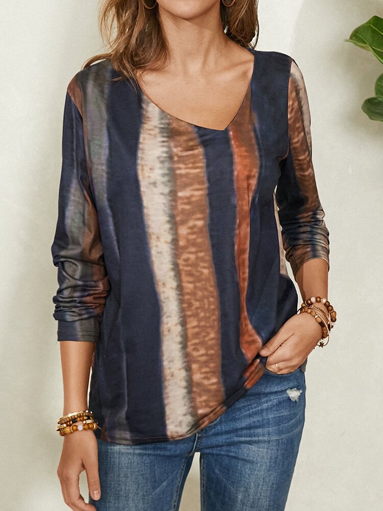 Women Striped Print Asymmetrical Collar Long Sleeve Casual T Shirt P1805950