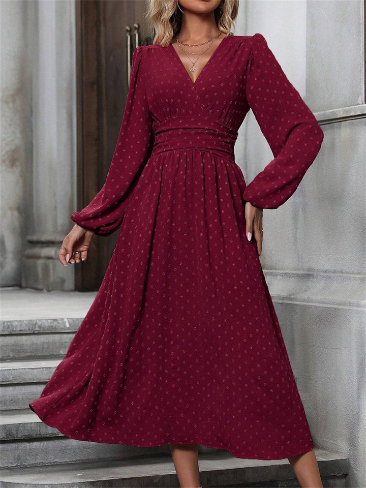 Women's New in The Wool Ball Slant Collar Lantern Sleeve Pleated Decoration Dress