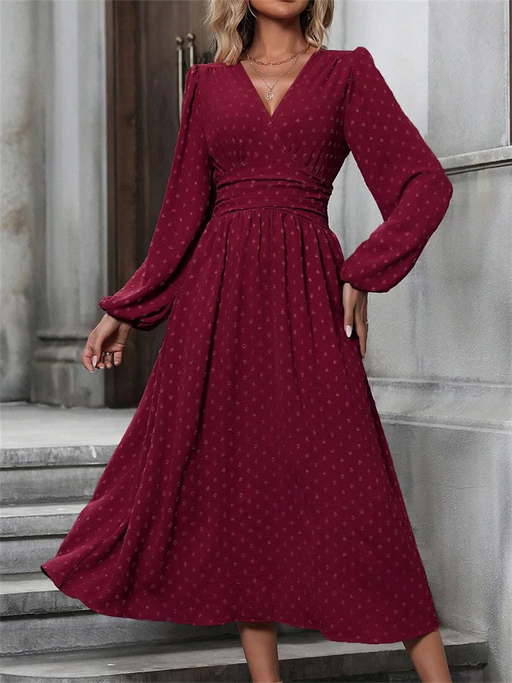 Women's New in The Wool Ball Slant Collar Lantern Sleeve Pleated Decoration Dress-JRSEE