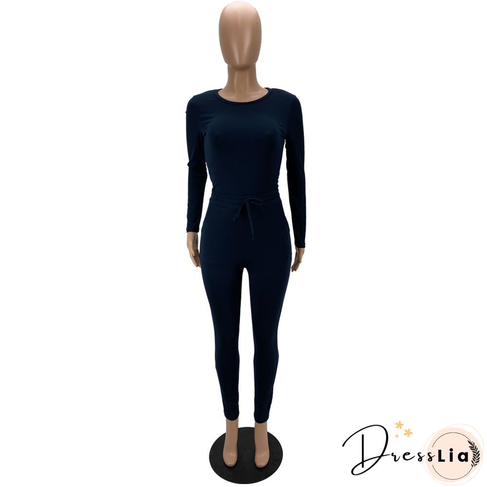 Solid Long Sleeve T Shirt Lace Up Pants Set