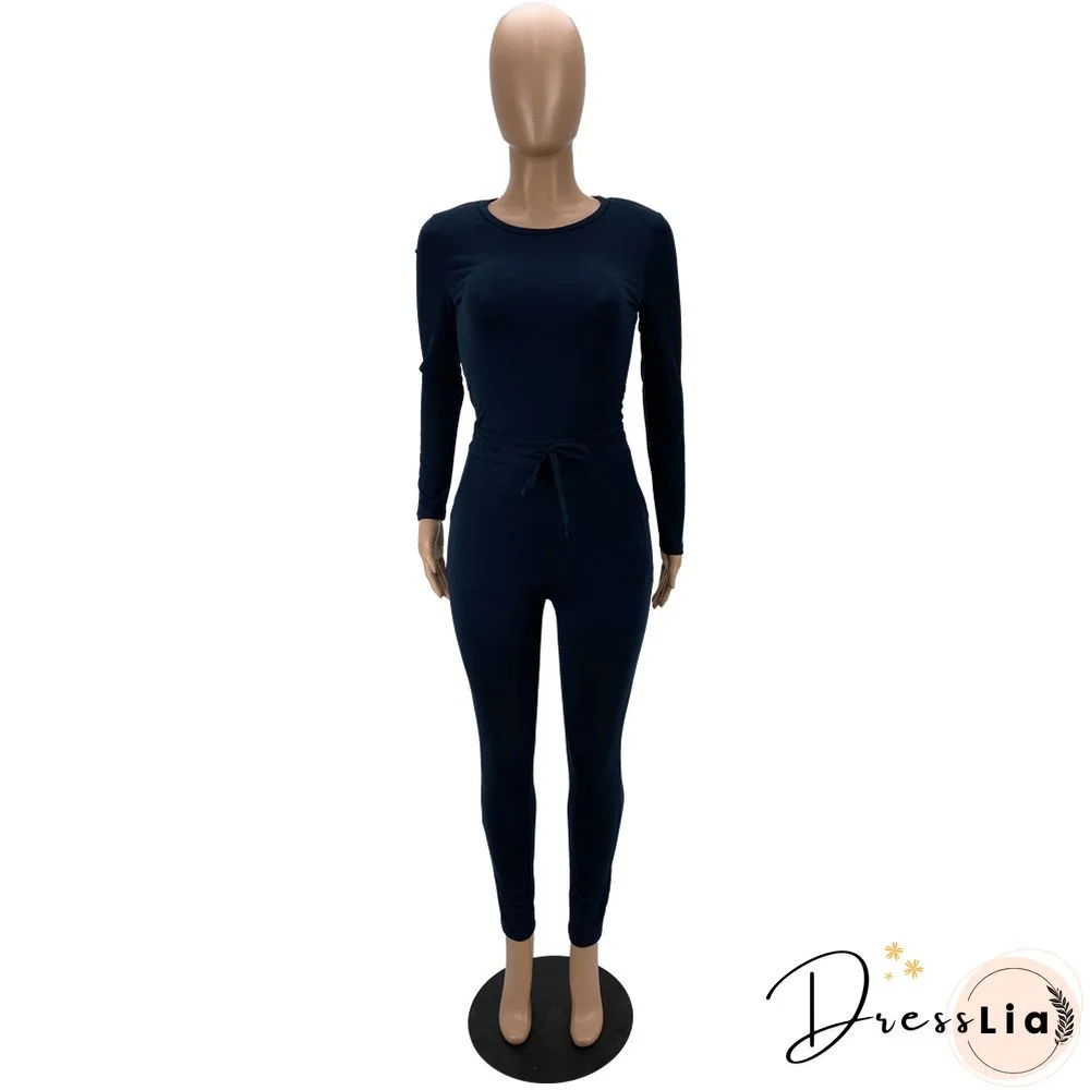 Solid Long Sleeve T Shirt Lace Up Pants Set