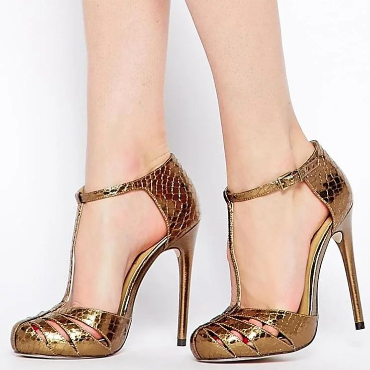 Gold Metallic Python Cut Out T-Strap Stiletto Heel Sandals Vdcoo