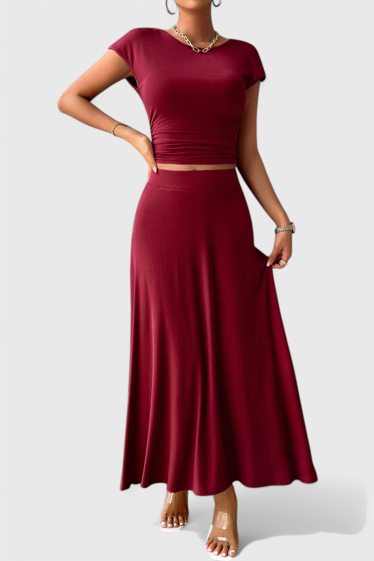 Ruched Crop Top with Flowy Maxi Skirt Set