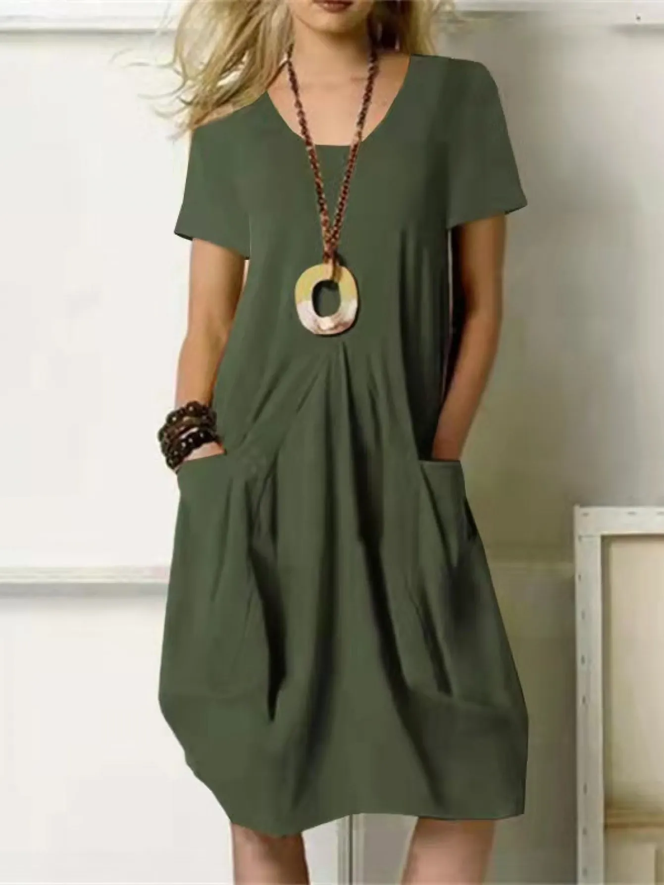 Womens Elegant Solid-Color Loose Fit Short-Sleeve Dress With Pockets Breathable Round-neck | IFYHOME
