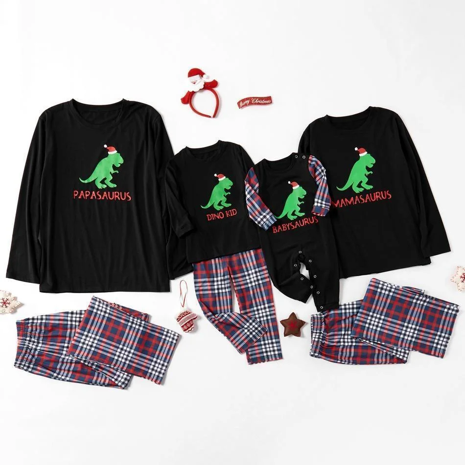 Family Saurus Wearing Christmas Hat Matching Pajamas Set