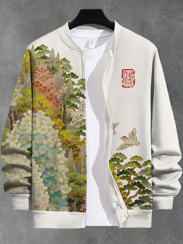 Men's Japanese Landscape Bird Art Print Casual Zip Up Jacket