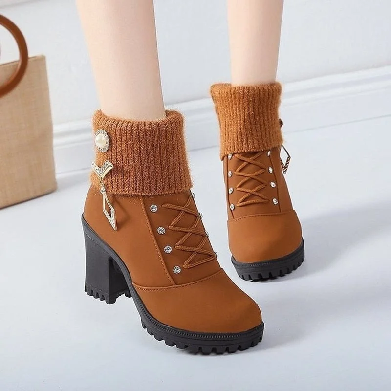 New Spring Winter Women Pumps Boots High Quality Lace-up European Ladies Shoes PU High Heels Boots Fast Delivery
