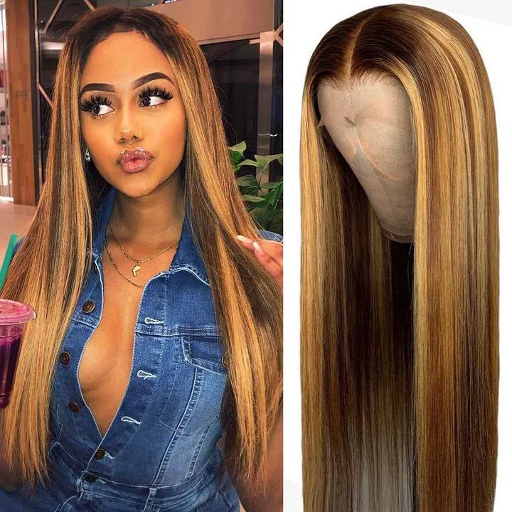 Brown Mixed Gold Highlight Straight Wigs