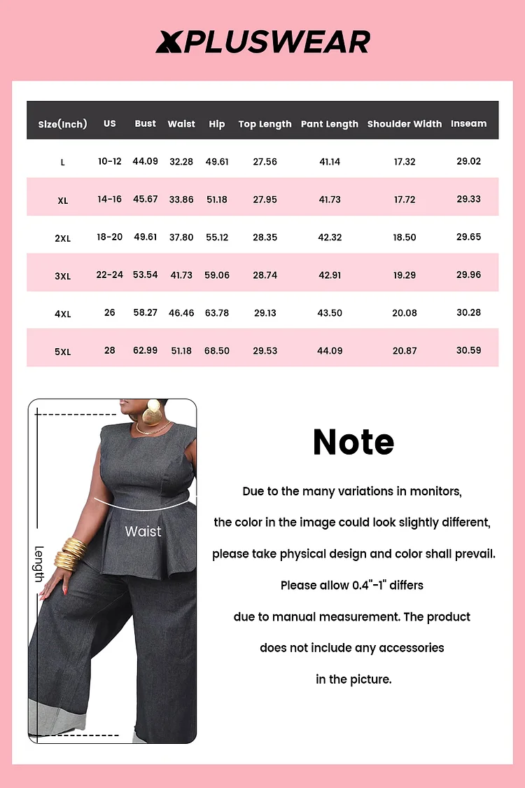Plus Size Business Casual Blue Elegant Round Neck Pocket Ruffle Tencel Denim Two Piece Pant Sets [Pre-Order]
