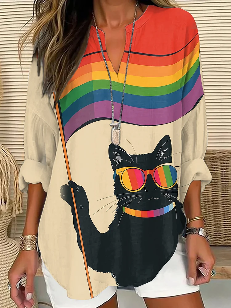 Women's Black Cat Love And Peace Print Long Sleeve Shirt