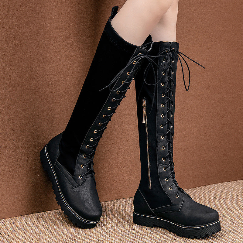 Women's chunky platform knee high lace-up boots Fall winter tall combat boots