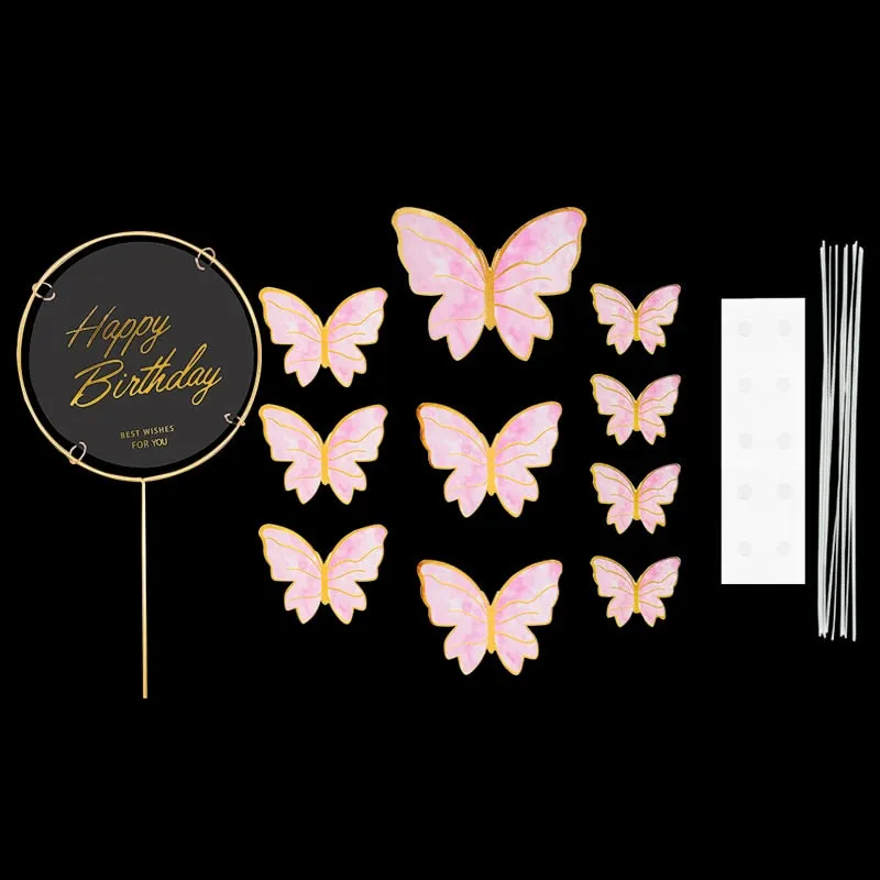 1Set Happy Birthday Cake Toppers Cake Decoration Handmade Butterfly Cupcake Topper For Wedding Birthday Party Baby Shower Baking