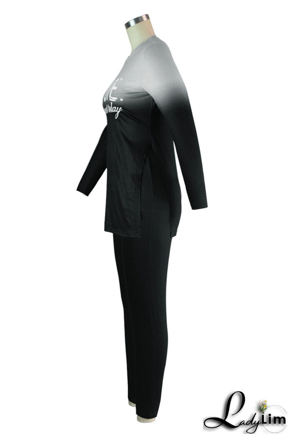 Stripe Fashion Casual Print Slit O Neck Long Sleeve Two Pieces