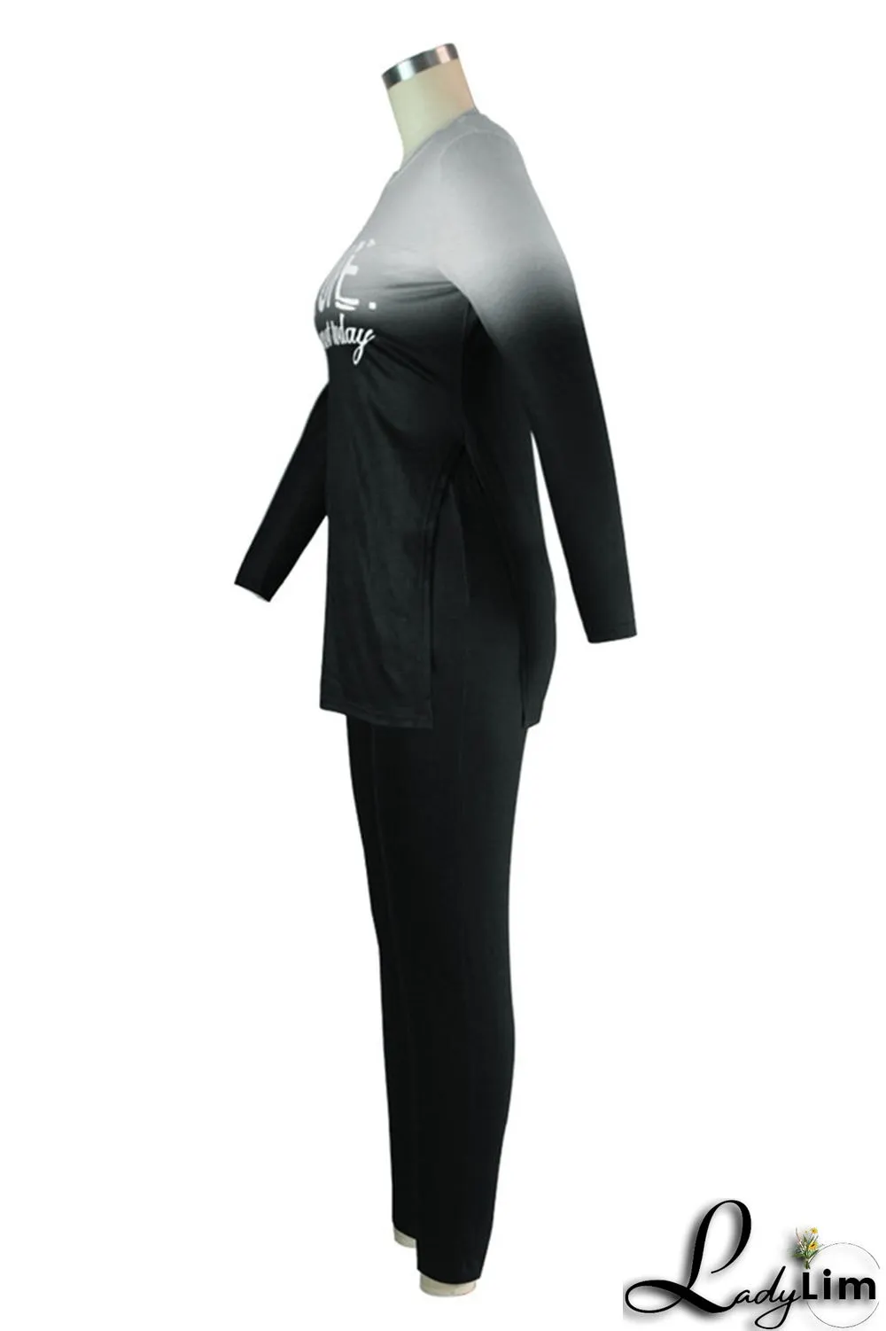 Stripe Fashion Casual Print Slit O Neck Long Sleeve Two Pieces