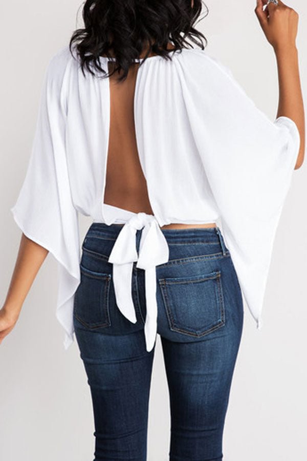 White Elegant Lace-Up Backless T-Shirt
