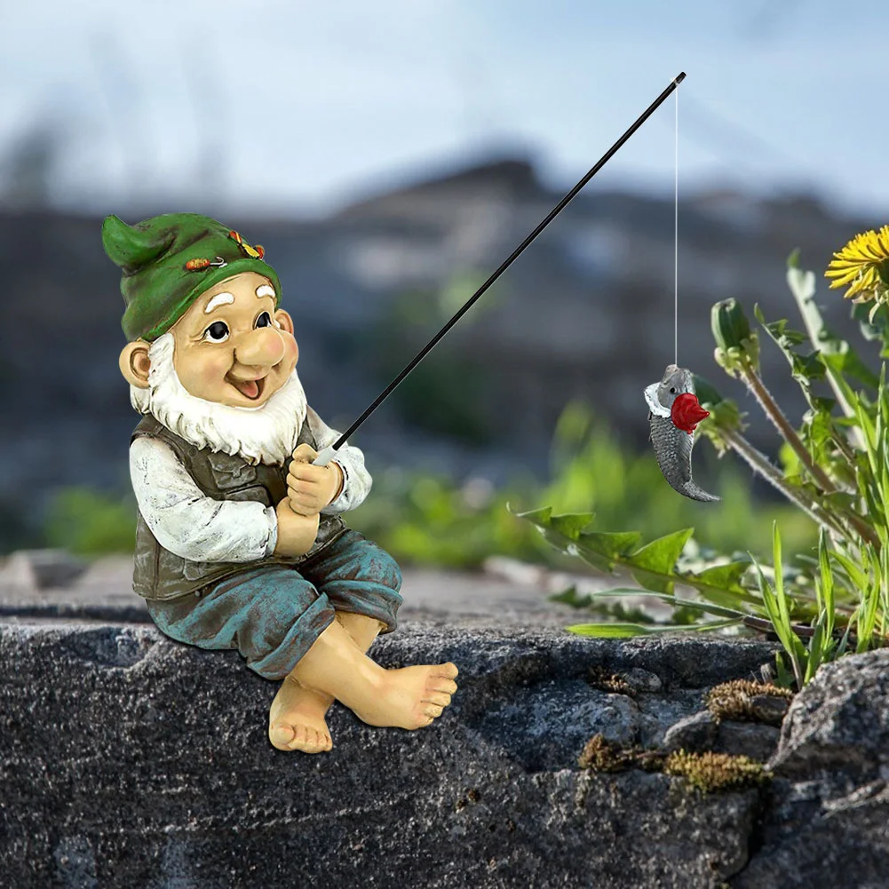 Garden Gnome Statue Resin Fishing Dwarf Elf Figurines Yard Lawn Outdoor