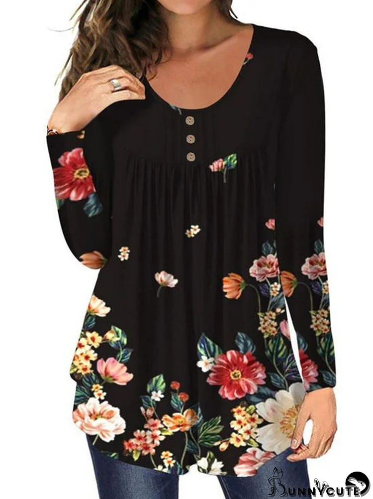 Women Long Sleeve Scoop Neck Floral Printed Graphic Top