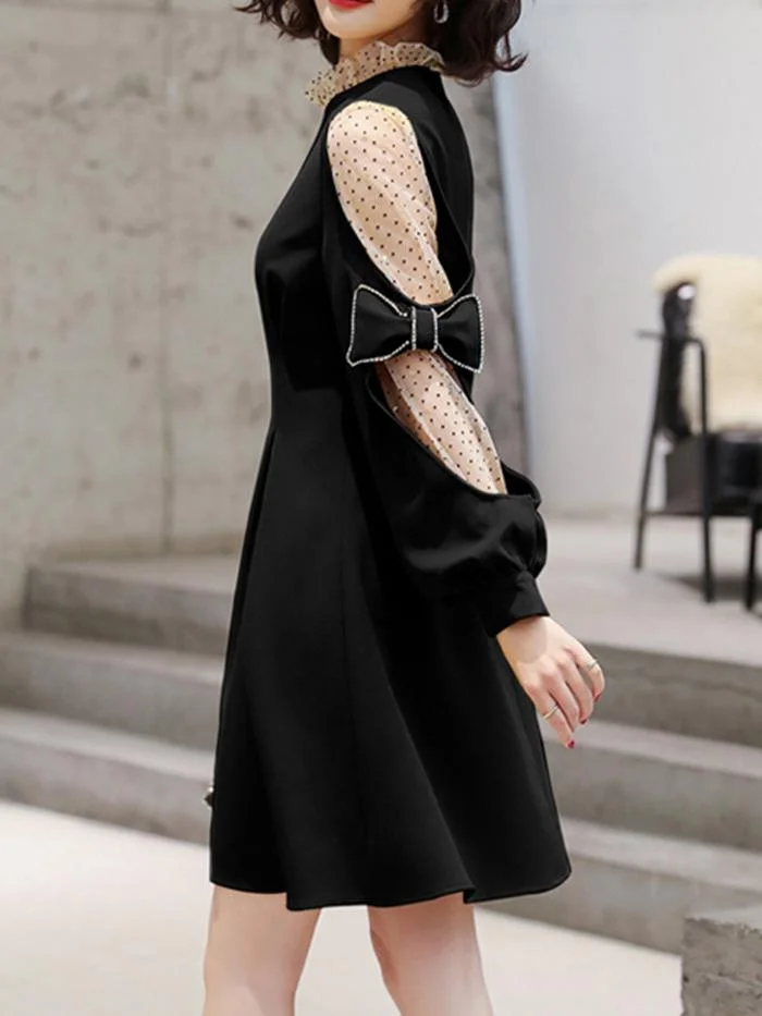 Elegant Net Yarn Flocking Bow Lantern Sleeve Dress