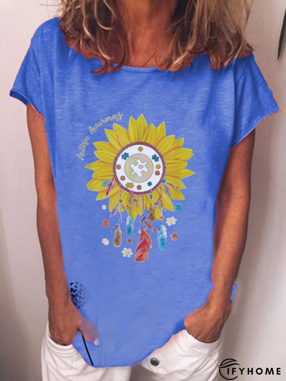 Blue Round Neck Casual Short Sleeve T-shirt | IFYHOME