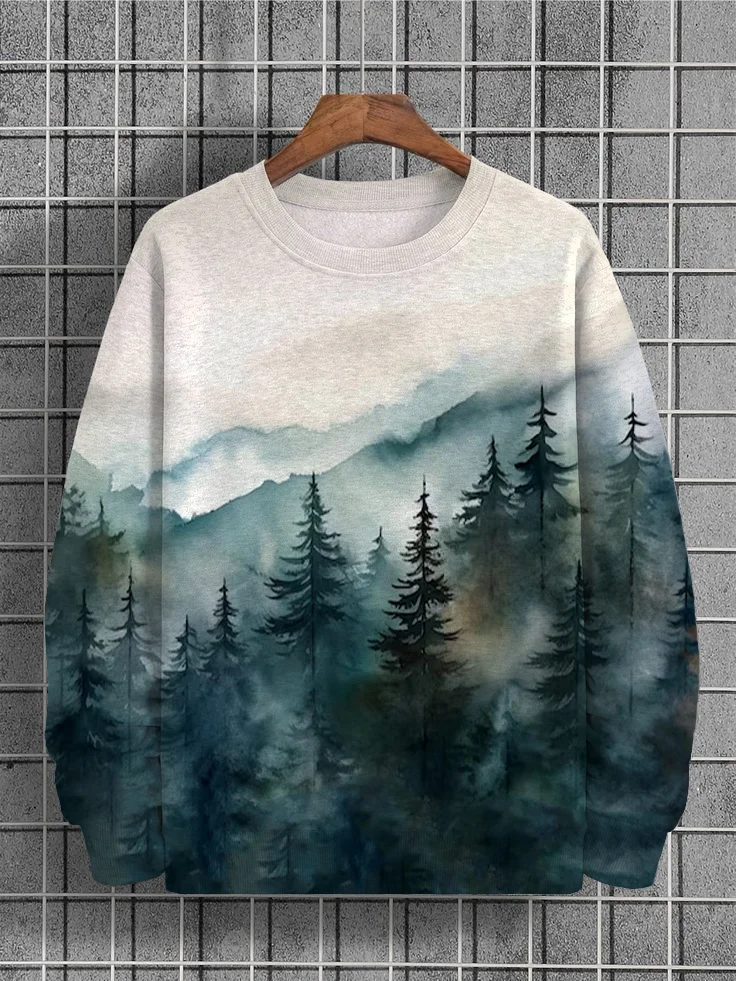 Men's Refreshing Forest Scenery Watercolor Print Round Neck Sweatshirt