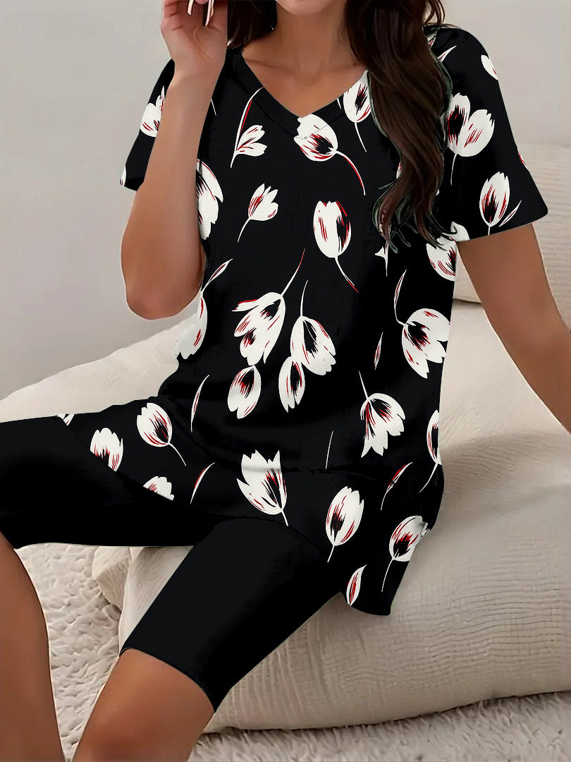 Women Long Sleeve V-neck Graphic Floral Printed Top