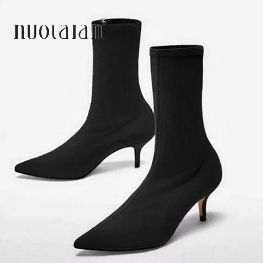2019 Autumn Women Sock Boots Stretch Fabric Slip On 6CM High Heels Pointed Toe Ankle Boots Women Pumps Stiletto Ladies Shoes