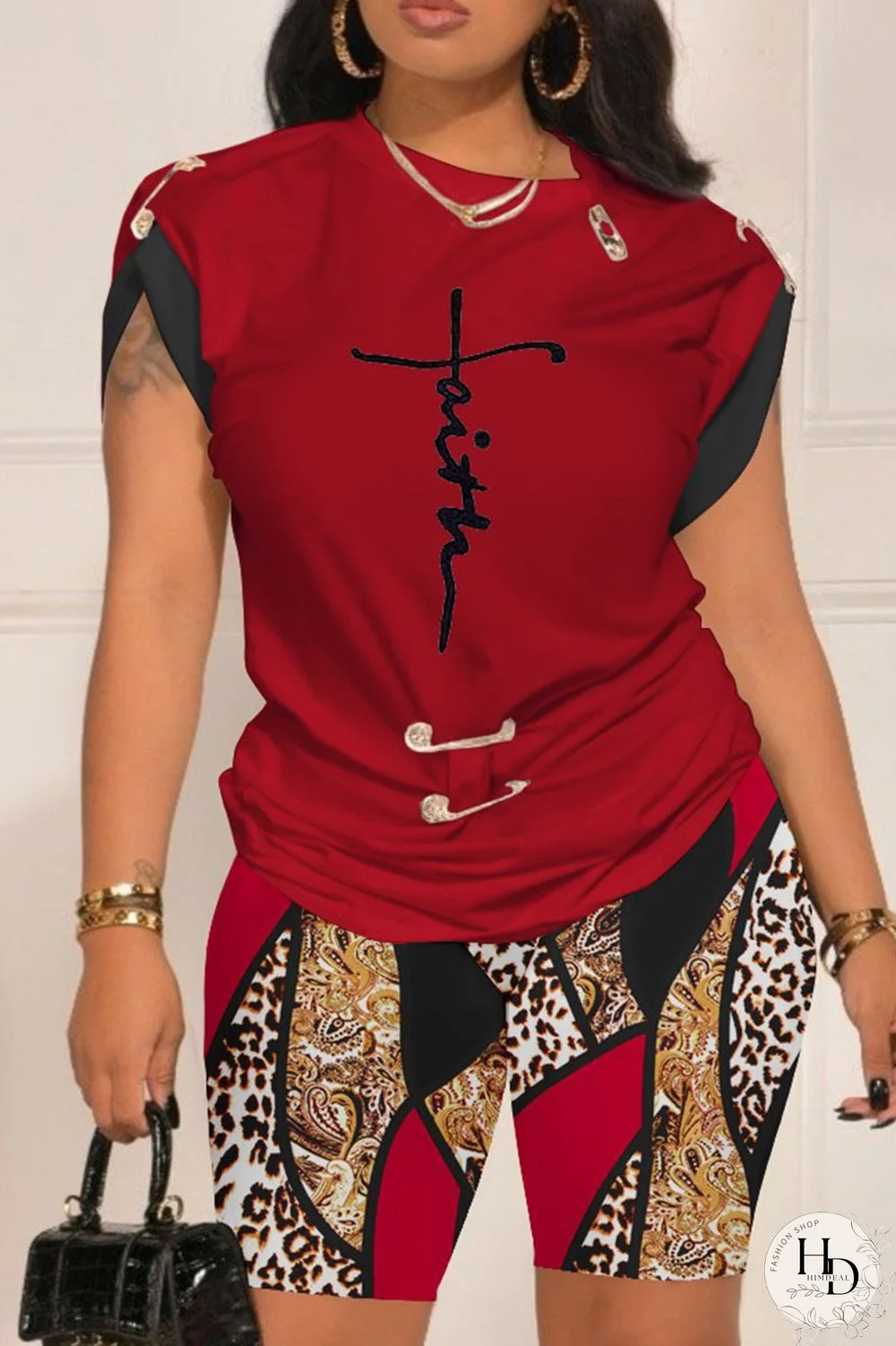 Dark Blue Casual Street Print Patchwork O Neck Short Sleeve Two Pieces