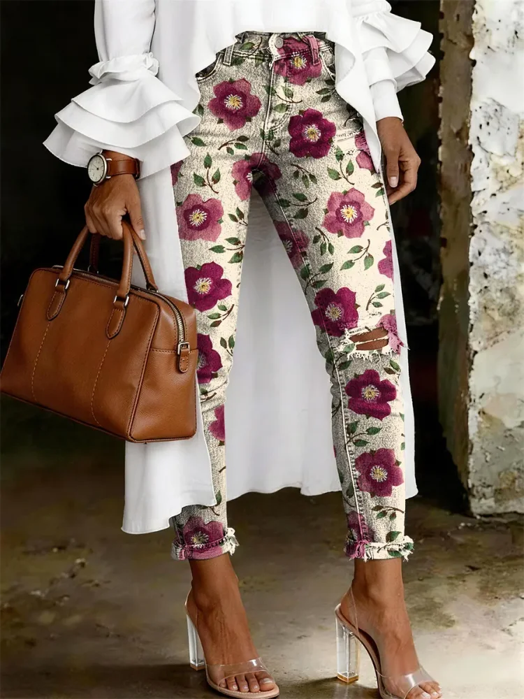 Women's Fashion Casual Multicolor Flowers Art Print Ripped Skinny Jeans