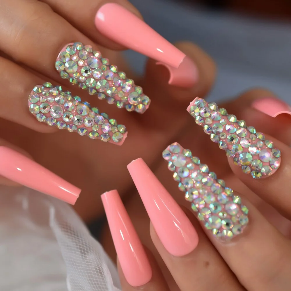 Gorgeous Rainbown Nails Coffin Shape 3D Crystal Decorative Faux Ongles Ombre Pink Blue Yellow Fashion Fake Nails Tip-Nail Inspo