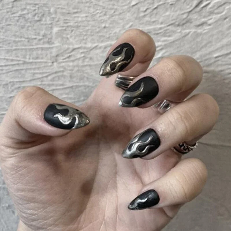 24pcs/set Short Coffin Fake Nails Mixed Blue Pink Fire Pattern Full Cover Nail Decal Art Tips with Glue Matte False Nails-Nail Inspo