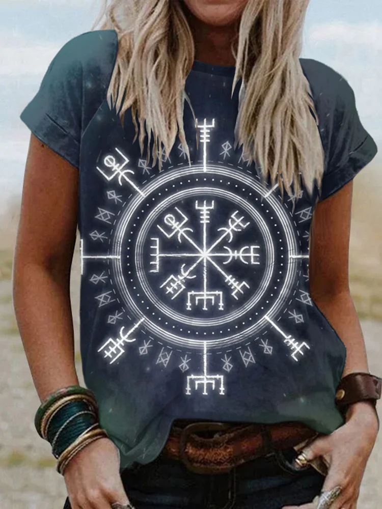 Tribal Viking Totem Print Short Sleeved T-Shirt